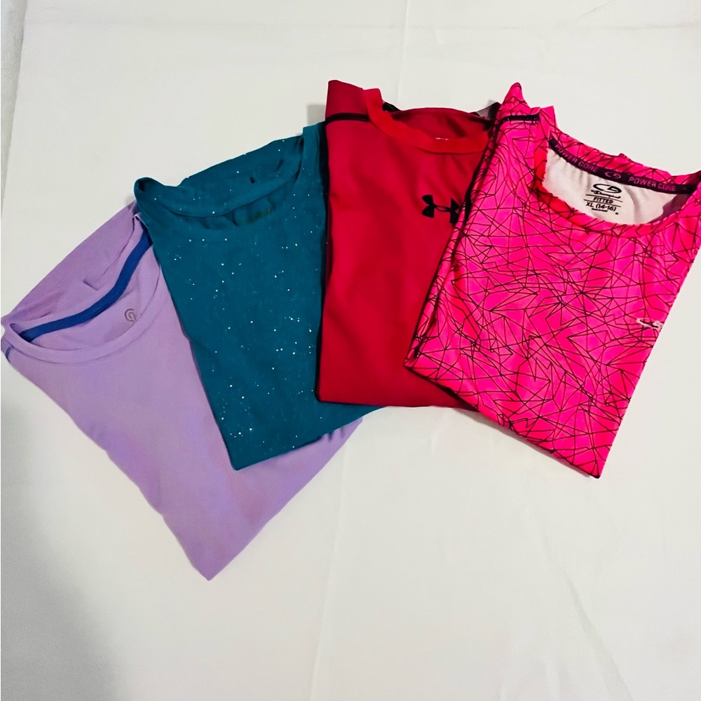 Bundle of 4 Girls Activewear Long Sleeve Shirts Purple Pink Teal L 10/12